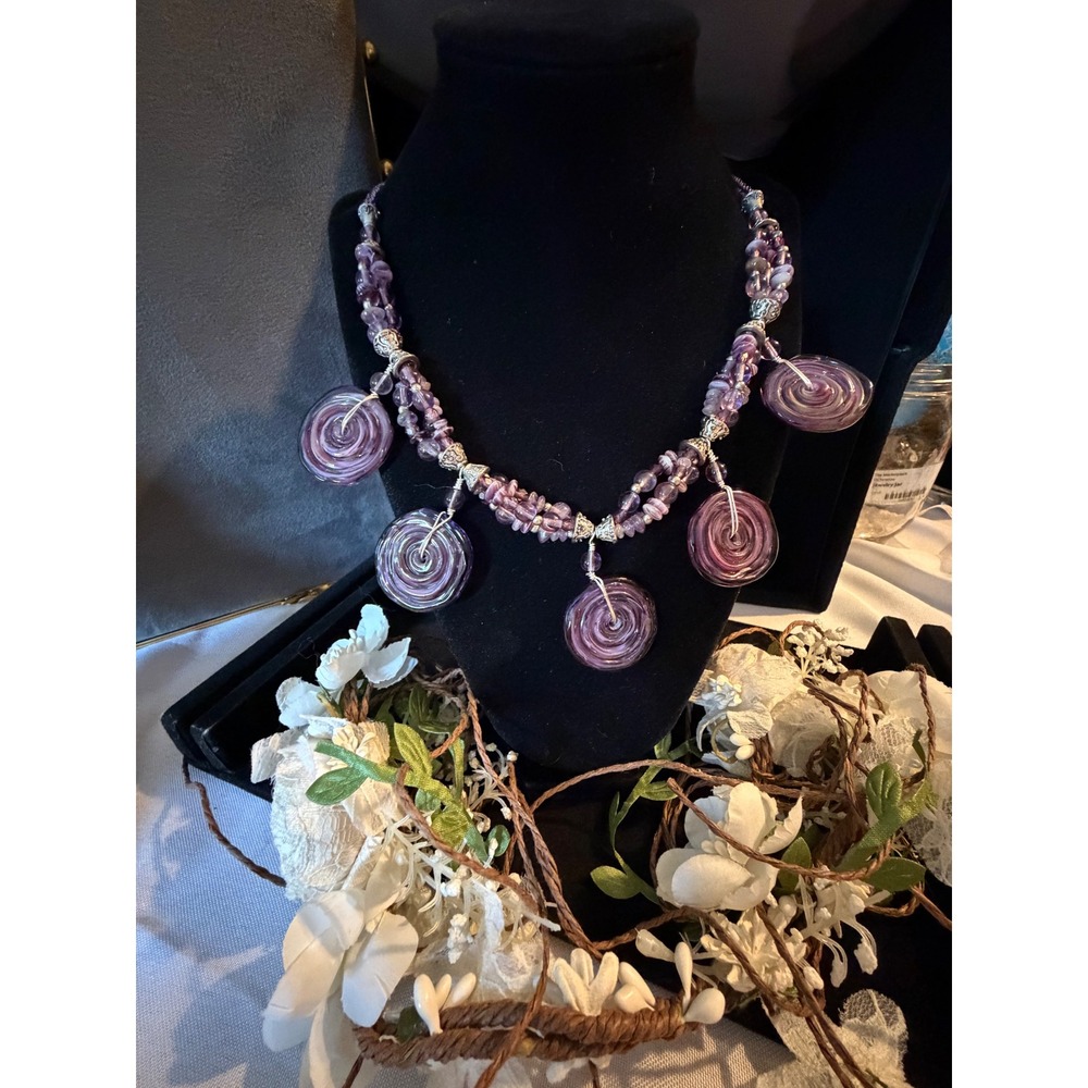 Artisan Purple Glass Swirl Disc Multi Strand Beaded Toggle Statement Necklace